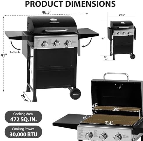 MASTER COOK 3 Burner BBQ Propane Gas Grill, 472 Sq. In. Cooking Area, 30,000 BTU Stainless Steel Barbecue Grill with Two Foldable Shelves for Outdoor Patio, Backyard