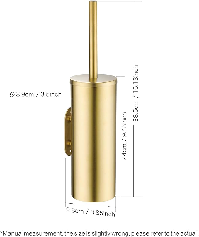 Gold Brushed Stainless Steel Toilet Brush and Cover, No-Punch Hook Base Dual Purpose Toilet Brush Holder with Removable Inner Bucket and Splash Cover - Soft Bristles (Brushed Gold)