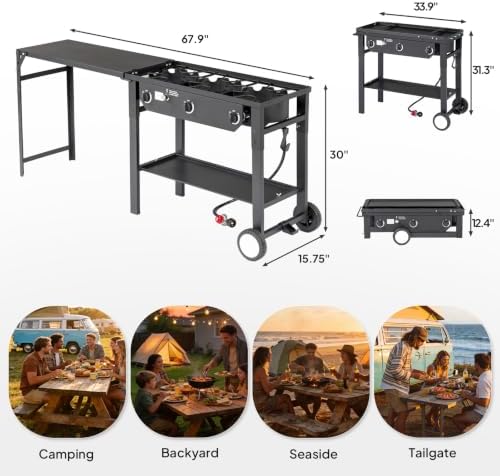 ROVSUN 3 Burner Outdoor Propane Gas Stove with Foldable Side Table & Ignition, 225,000 BTU Stand Cooker for Backyard Cooking Camping Home Brewing Canning Turkey Frying