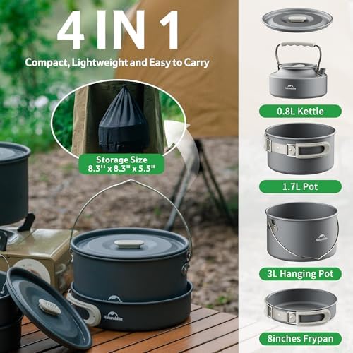 Naturehike Camping Cookware Set Mess Kit for Backpacking Gear, Camp Cooking Set, Camping Pots and Pans Set for Outdoor Backpacking Camping Hiking Picnic