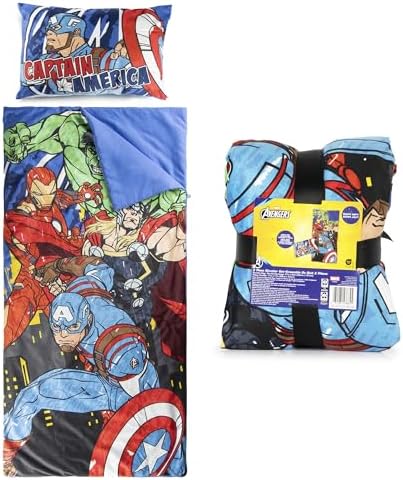 Jay Franco Kids Slumber Bag and Pillow - 54 x 27 Inch Comfy Indoor Sleeping Bag for School and Sleepovers, 2 Piece Set, Blue - Avengers