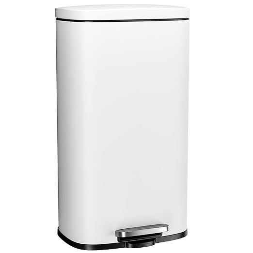 Arlopu 8 Gallon Step Trash Can, Stainless Steel Garbage Bin, Soft-Close Rubbish Bin with Removable Plastic Inner Bucket, Fingerprint-Proof, Lid Dustbin, Suit for Kitchen Home (White, 30L)