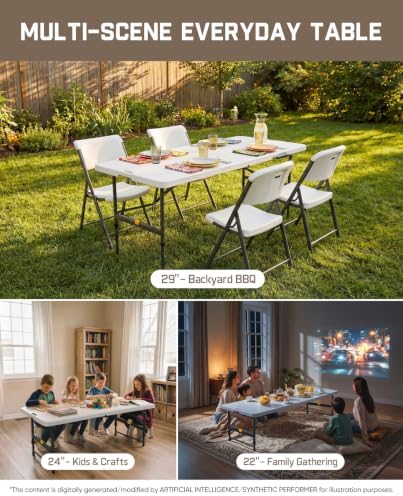 FanttikOutdoor Folding Table Plastic 6ft Quick Adjust 3-Height Picnic Party