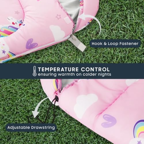 Wake In Cloud - Kids Sleeping Bag for Girls Toddlers, Camping in Warm Cold Weather, Backpacking Lightweight Compact Outdoor Liner for 3 Seasons, Unicorns Rainbow Clouds