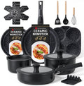 Ammeloo 21-Piece Ceramic Pots and Pans Set Non Stick with Detachable Handles and Egg Frying Pan, Non-Toxic Cookware, Induction Ready, Oven Safe, Stackable for Storage, Black Speckled