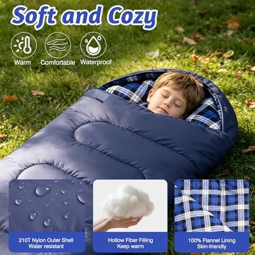 Uniqwamer Kids Sleeping Bag for Girls Boys - 4 Seasons Cold & Warm Weather Flannel Camping Sleeping Bags, Lightweight & Waterproof 45°F Sleeping Bag for Camping Hiking Outdoor Travel