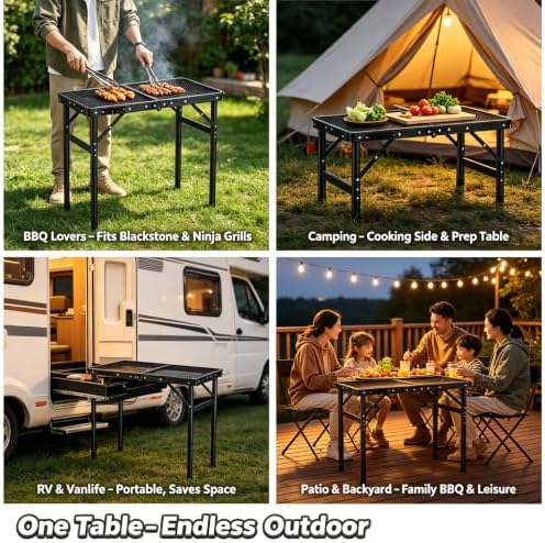 HOMGEN Folding Camping Grill Table-3 Heights Mesh Side Table for BBQ Stove-Lightweight 4.92lbs-Sturdy 66lbs-Portable Aluminum Frame for Outdoor Picnic Beach RV Patio – 58x40cm Desktop