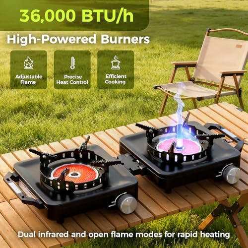 MoKo Propane Camping Stove 2 Burner, 36,000 BTU Infrared & Open Flame Hybrid, Windproof Folding Portable Outdoor Gas Cooking Kit with Frying Pan & Carry Bag For RV, Tailgating, Survival, Black