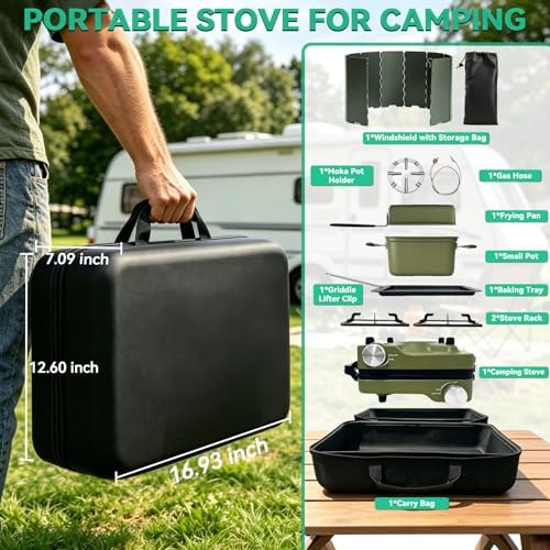 2 Burner Portable Propane Camping Stove Kit, 24000 BTU Foldable Hiking Stove with Frying Pan, Pot, Windshield & Carry Bag, Outdoor Cookware Camp Cooking Set for Tailgating, BBQ, Picnic, Green