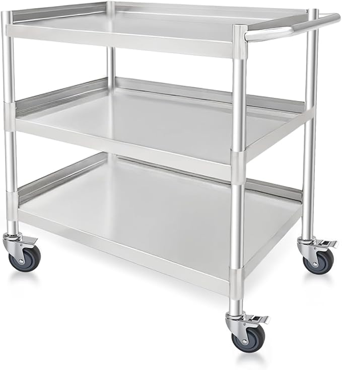 3-Shelf Stainless Steel Rolling Utility Cart - Heavy-Duty Metal Mobile Storage with Handle & Locking Wheels - Ideal for Kitchen, Medical, Lab, Restaurant & Home Use (19''x31''x34'')