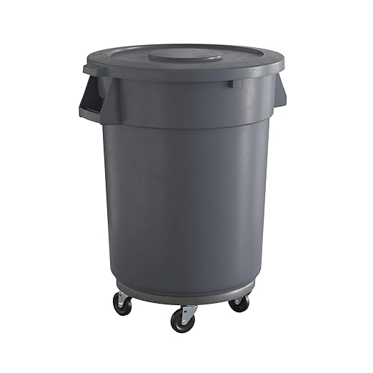 32 Gallon Gray Round Commercial Trash Can with Lid and Dolly