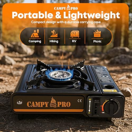 Portable Butane Gas Stove with Automatic Ignition and Carrying Case – Compact Camping Stove for Hiking, Outdoor Cooking, and Emergency Use (MAT BLACK)