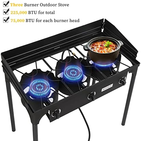Bonnlo 3-Burner Outdoor Portable Propane Burner Stove 225,000-BTU Gas Cooker with Windscreen & Carrying Bag, Heavy Duty Iron Cast Patio Burner with Detachable Stand Legs for Camp Cooking