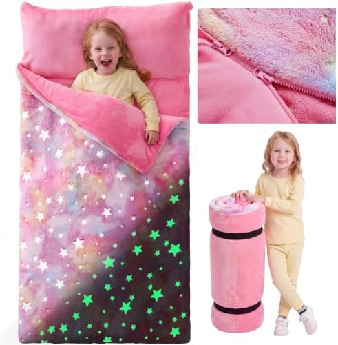 JOIEDOMI Toddler Sleeping Bag for Kids 66''x33'' Glow in The Dark Kids Sleeping Bag with Pillow for Boys and Girls Ages 3+ Soft Flannel Toddler Nap Mat for Preschool Daycare Sleepover