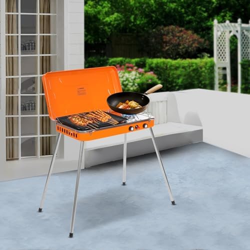 2-Burner Propane Camping Stove, Propane Grill Dual Burner Heating Stove for Camping BBQ Picnic, Portable Gas Grill Cooker with Handle and Extended Stove Legs Adjustable Firepower