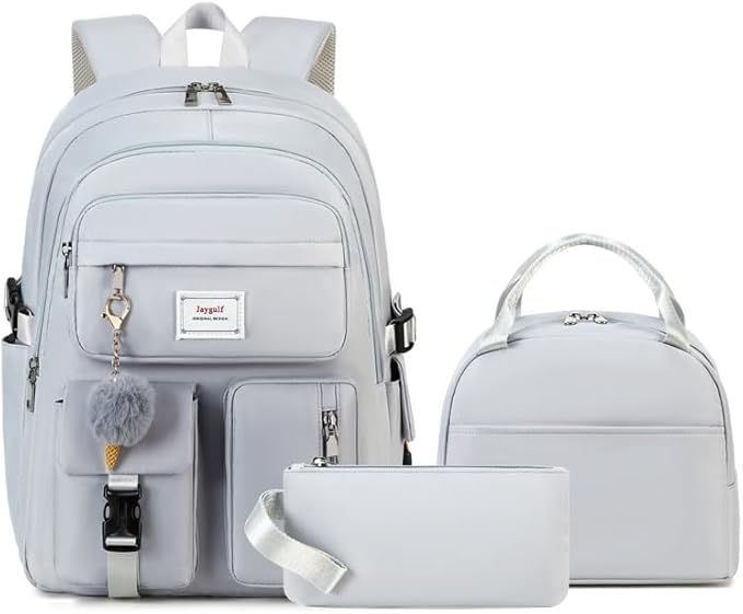 Girls Backpack Stylish Schoolbag Set for College or High Student Laptop Backpack for Women Grey