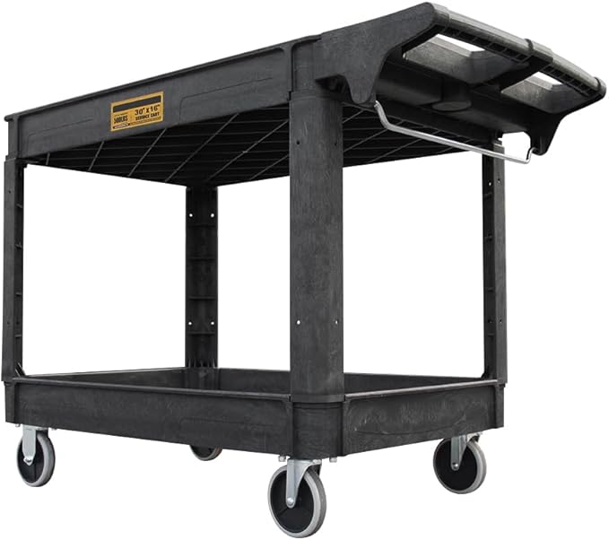 Utility Service Cart, 2-Shelf 500LBS Heavy Duty Plastic Rolling Utility Cart with 360° Swivel Wheels, Lipped Shelves, Ergonomic Storage Handle for Warehouse/Garage/Cleaning/Manufacturing