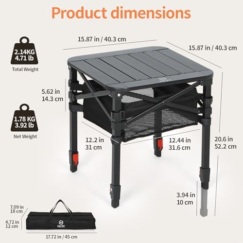 Nice C Aluminum Square Adjustable Height Camping Folding Table (16'' Small)