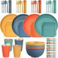 48Pcs Wheat Straw Dinnerware Sets, Unbreakable Plastic Plates and Bowls Sets, Dinner Sets for 4 People, Travel Picnic Camping Cutlery Set, Home Party Cutlery Set, Dishwasher Microwave Safe Dishes