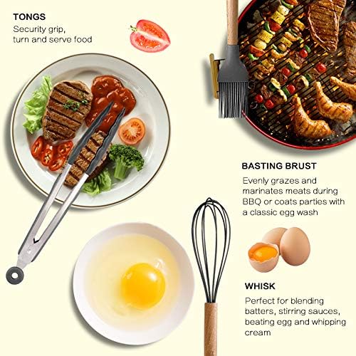 MIBOTE Silicone Cooking Kitchen Utensils Set, 17 Pcs, Wooden Handle, Grey
