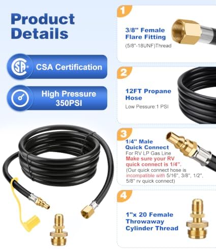 WADEO 12 FT Propane Quick Connect Hose for RV to Gas Grill