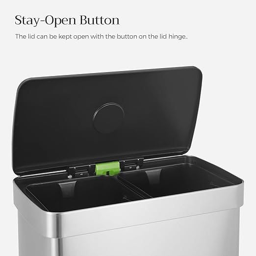 SONGMICS Kitchen Trash Can, 16 Gallon (2 x 8 Gallon) Dual Compartment Garbage Can, 60L Pedal Recycling Bin, Stays Open and Soft Close, Stainless Steel, 15 Bags Included, Metallic Silver ULTB202E01