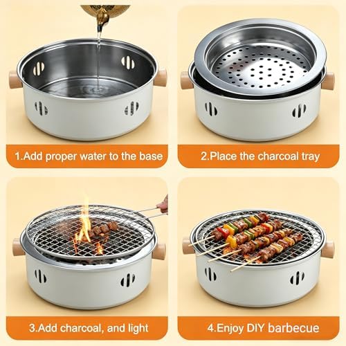 Portable BBQ Charcoal Grill, Mini Tabletop Charcoal Grill Outdoor Multifunctional Round Korean Barbecue Grill for Camping Picnic Beach Party Cooking (Beige)
