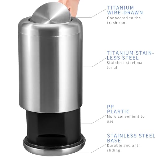 Waste Can 3 Gallon with Swing Lid，Brushed Stainless Steel Trash Can，Metal Cylindrical Garbage Can，Brass Wastebasket Bin for Bathroom,LivingRoom,Office,Kitchen,Bedroom,Hotel (Sliver)