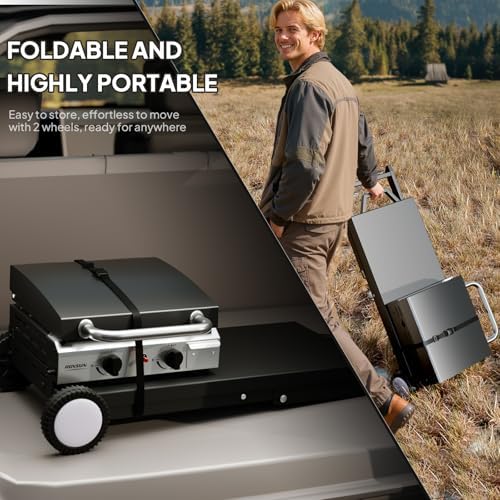 ROVSUN 2 Burner Foldable Propane Griddle with Wheels, Enameled Tray & Lid, 20000 BTU Portable Rolling Flat Top Gas Grill with Electronic Ignition & Regulator for Outdoor Cooking Camping BBQ Tailgating