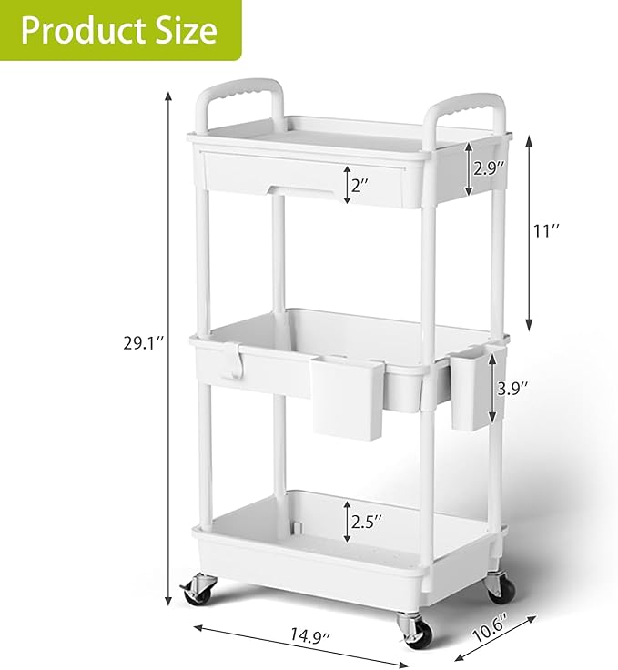 3 Tier Rolling Cart Organizer,Laundry Room Bathroom Organizers and Storage Office Shelves Mobile Shelving Unit Kitchen Trolley Cart with Wheels for Art,Craft,Diaper,Bedside,Snack(White)