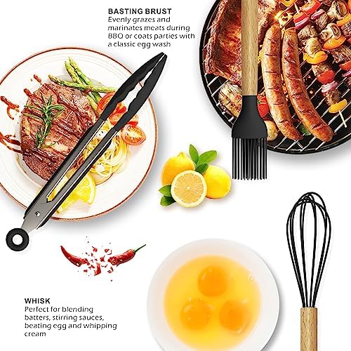 oannao Silicone Cooking Utensils Set - 446°F Heat Resistant Silicone Kitchen Utensils for Cooking,Kitchen Utensil Spatula Set w Wooden Handles, BPA FREE Gadgets for Non-Stick Cookware (Black)