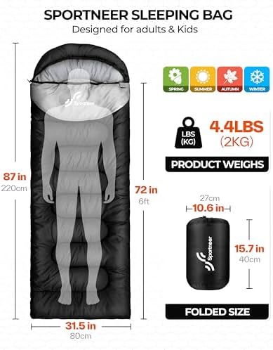 Sportneer Sleeping Bag, 3 Seasons Warm Cold Weather Sleeping Bags for Adults Kids Boys Girls with Compression Sack- Lightweight Camping Essentials Gear Accessories, Backpacking, Hiking