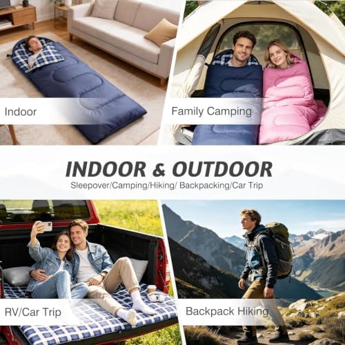 Uniqwamer Sleeping Bag for Adults Kids - 4 Seasons Cold & Warm Weather Flannel Camping Sleeping Bags, Lightweight & Waterproof 45°F Sleeping Bag for Camping Hiking Outdoor Travel