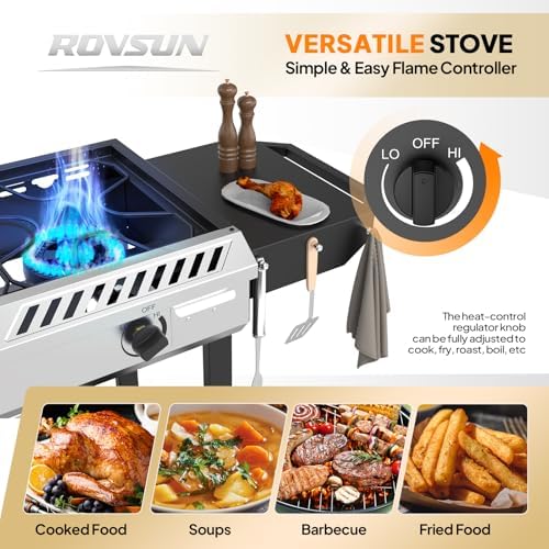 ROVSUN 2-in-1 Propane Stove & 33'' Griddle Combo with Ignition, 3 Burner 225,000 BTU Gas Stove & Grill with Side Shelves, Rolling Wheel & Regulator for Home Outdoor Backyard Camping Cooking Grilling