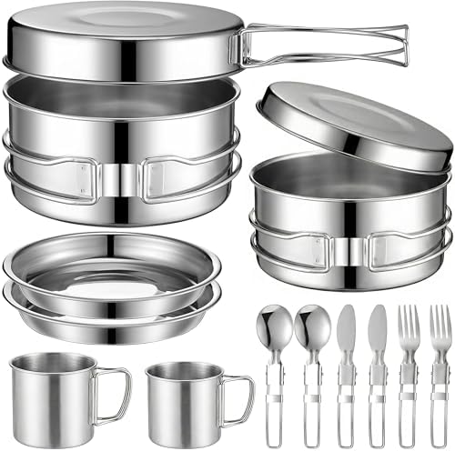 14-Piece Camping Cookware Set, 304 Stainless Steel Pots and Pans