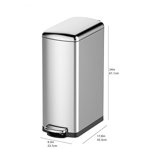 30 L Kitchen Step Trash Can, 8 Gallon Narrow Stainless Steel Waste Bin with Soft-Close Lid, Rectangle Rubbish Bin with Removable Inner Bucket for Bathroom, Dining Room, Living Room