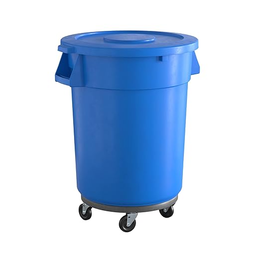 32 Gallon Blue Round Commercial Trash Can with Lid and Dolly