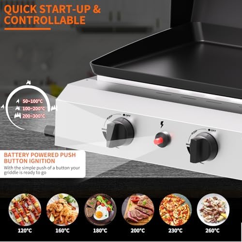 SKOK 2 Burner Outdoor Tabletop Gas Griddle with Hood, Flat Top Grill