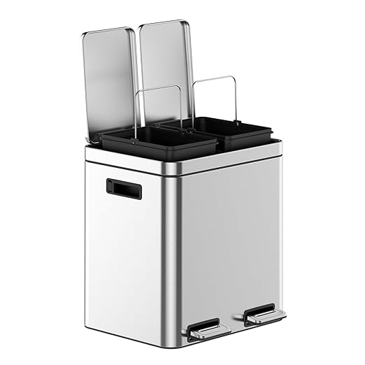 2 x 4 Gal (2 x 15L) Trash Can, Stainless Steel Triple Compartment Step-On Recycling Bin with Soft-Close Lids & Removable Plastic Inner Buckets for Kitchen, Home, Office