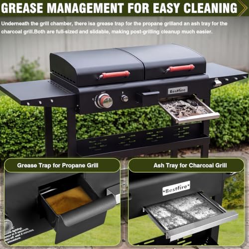 Bestfire Dual Fuel Gas & Charcoal Grill Combo, 327 Sq.In Propane Flat Top Griddle w/Cast Iron Griddle, Dual Lids, Side Shelves, Outdoor Griddle for Small Gatherings & Cookouts