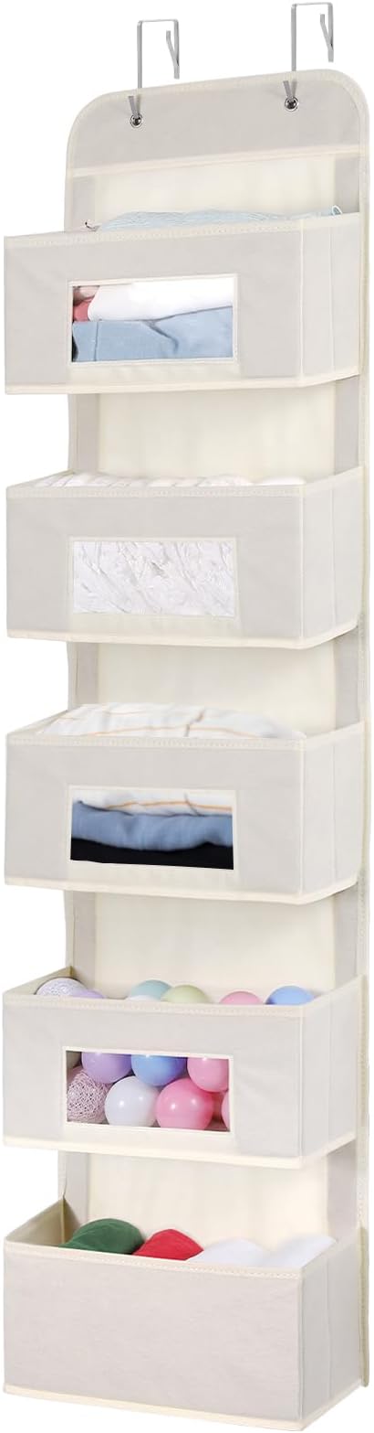 MAX Houser 5-Shelf Over The Door Hanging Organizer with 2 Metal Hooks, 5 Pocket Over The Door Wall Mount Storage with Clear Windows for Baby Nursery Bathroom Closet,Bedroom,Dorm,Diapers,Kids(Beige)