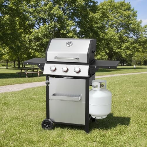 3 Burner Propane Gas Grill, Stainless Steel Cabinet with Side Table & Full-Size Grease Tray, BBQ Grills with Thermometer for Outdoor Cooking, Patio, BBQ