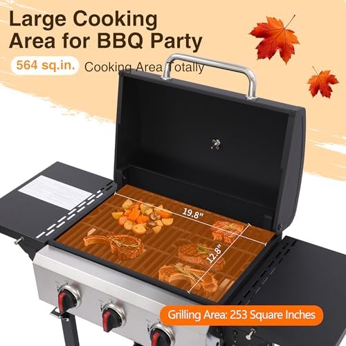 3-Burner Propane Gas Grill with Cast Iron Grates, 38200 BTU output,Foldable Side Shelves for Portable Outdoor Patio Camping, Black (3 Burner)