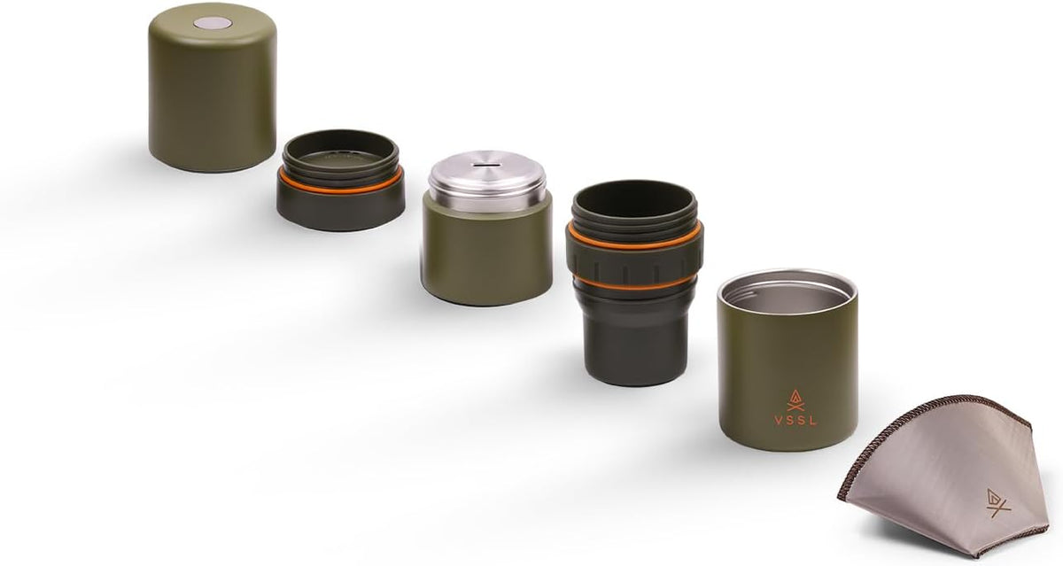 Nest Pour Over Coffee Kit | Coffee Maker for Camping | All-In-One Travel Pour Over | Transportable Dripper, Two 10oz Stainless Steel Travel Mugs | Compact Storage & Adventure Ready | Deep Moss