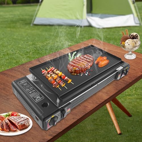 2-Burners Portable Camping Stove, with Baking Pan, Butane Camping Stove, with Case, Double Auto Ignition Camping Burner, for RV, Apartments, Outdoor, Etc