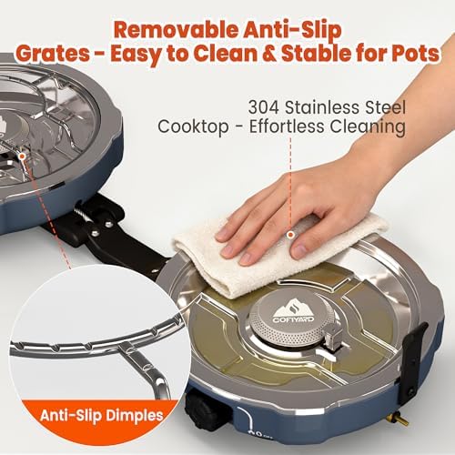 Cofiyard 20,000 BTUs 2 Burner Propane Camping Stove, Portable Folding Camp Stove with Adjustable Burners, Built-in Ignition and Carrying Bag, Dual Gas Stoves for Tailgating, Camping, BBQ Overland Grey