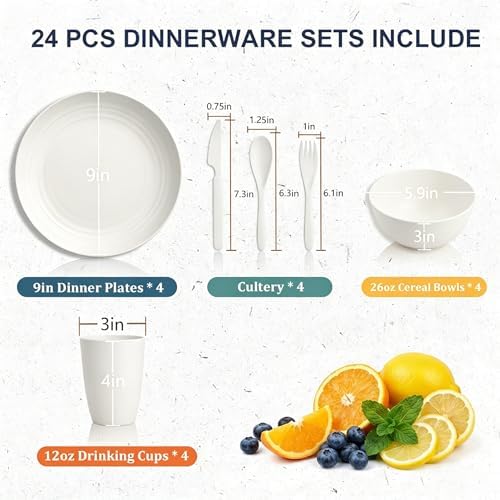 Kids Dishes Set for 4, Wheat Straw Plate and Bowl Set for 4 - White