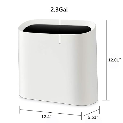 SUBEKYU 2.3 Gal Trash Can for Bathroom,Small Office Garbage Can for Kitchen,Slim Rectangular Waste Bin,Plastic,White