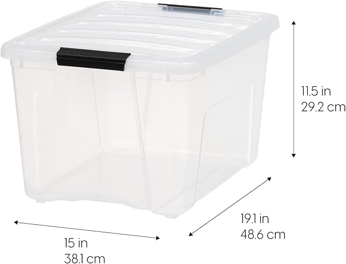 IRIS USA 40 Qt Stackable Plastic Storage Bins with Lids, 4 Pack - BPA-Free, Made in USA - See-Through Organizing Solution, Latches, Durable Nestable Containers, Secure Pull Handle - Clear