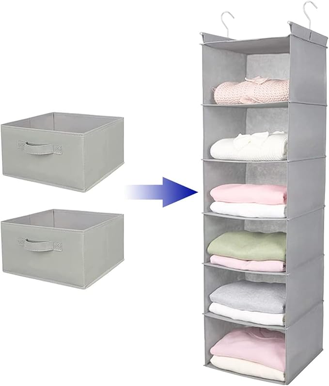 Hanging Shelf Closet Storage Organizer Removable Drawers ，Hanging Storage Organizer Hanging Sweater 2 Sock Underwear Drawers for Closet, Bedroom, Light Grey